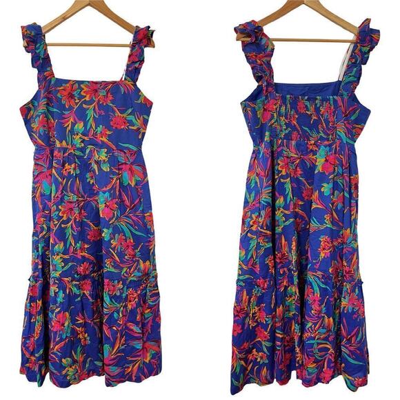J. Crew Square Neck Floral Tropical Midi Dress Size 14 Blue Dark Peo Event NEW - Picture 1 of 8